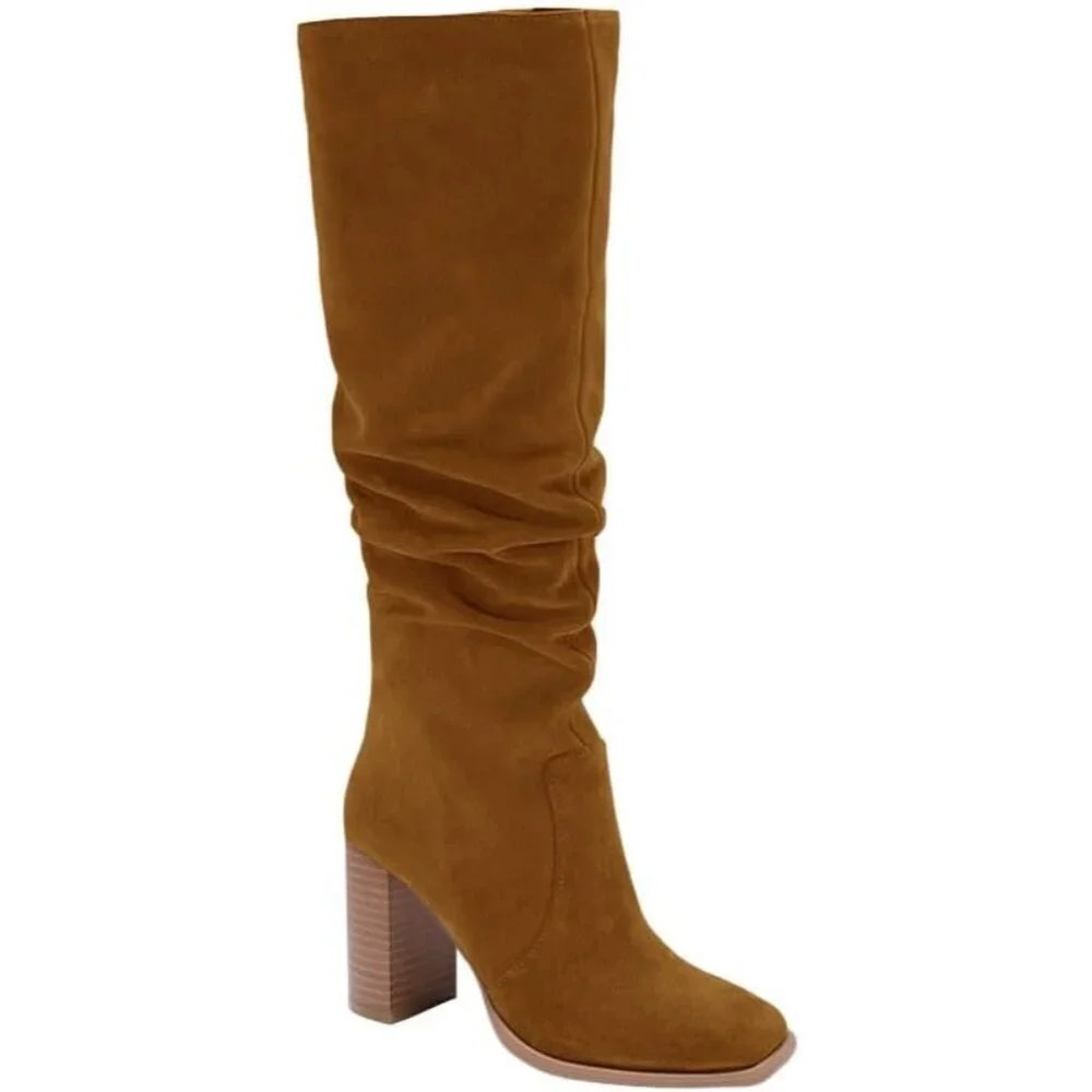 Women's Dark Brown Chunky High Heel Square Zipper Wide Calf Knee High Boots